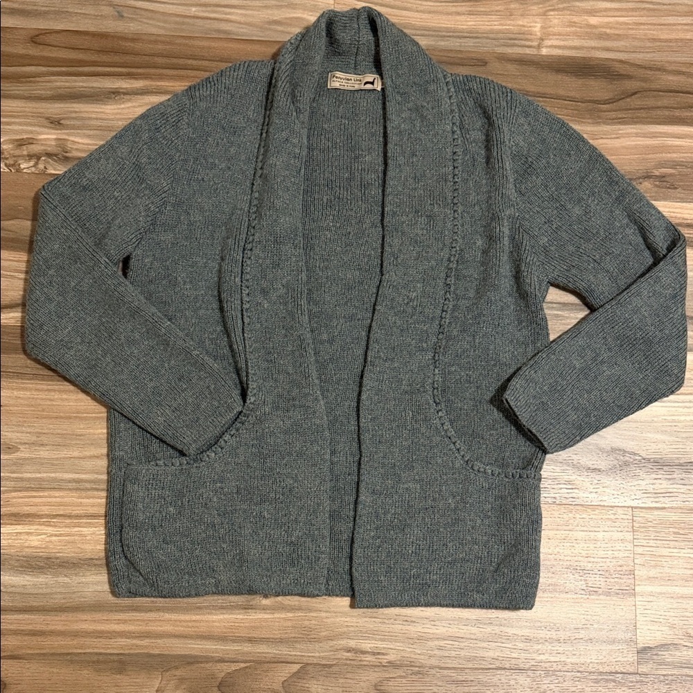 Peruvian Link Sweater Womens OS Green Alpaca Open Front Cardigan Pockets Knit